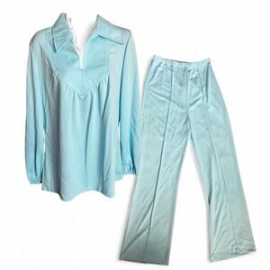 Vintage Lady Blair 70s Light Blue Polyester Pantsuit Set Size 16 Disco Lounge